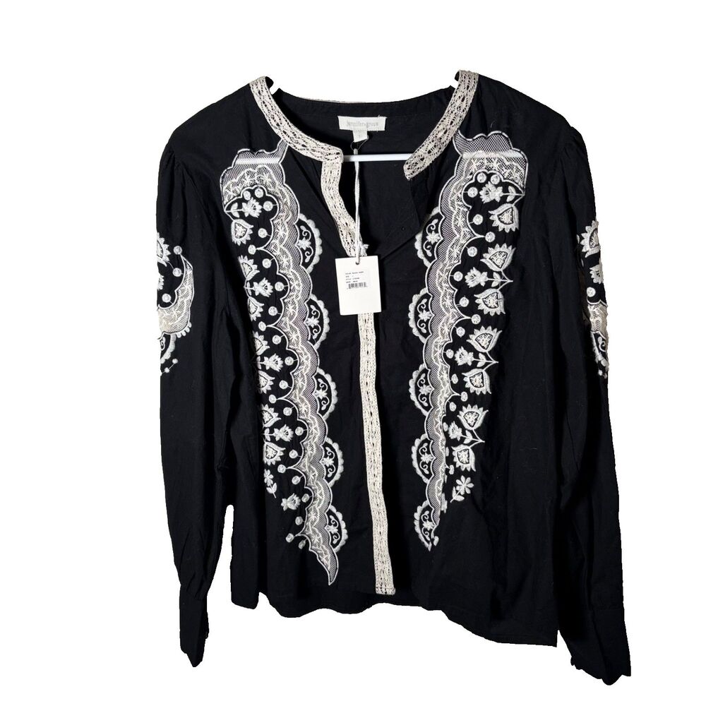 Jennifer & Grace Shirt Women's Large Black Button Up Embroidered Top NWT